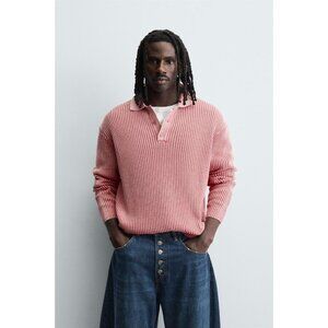 Zara Mens Polo Shirt Sweater M Pink Washed Waffle Knit Cotton 3920/249 NWOT